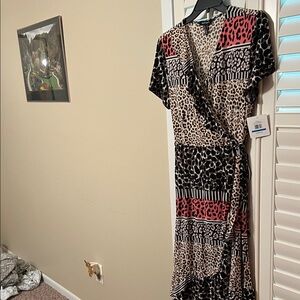 Ellen Tracy Animal Print Midi Dress with Red Accents